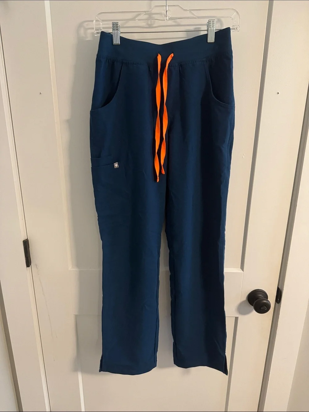 Women’s Caribbean Blue Drawstring scrub Pants with Orange Accent